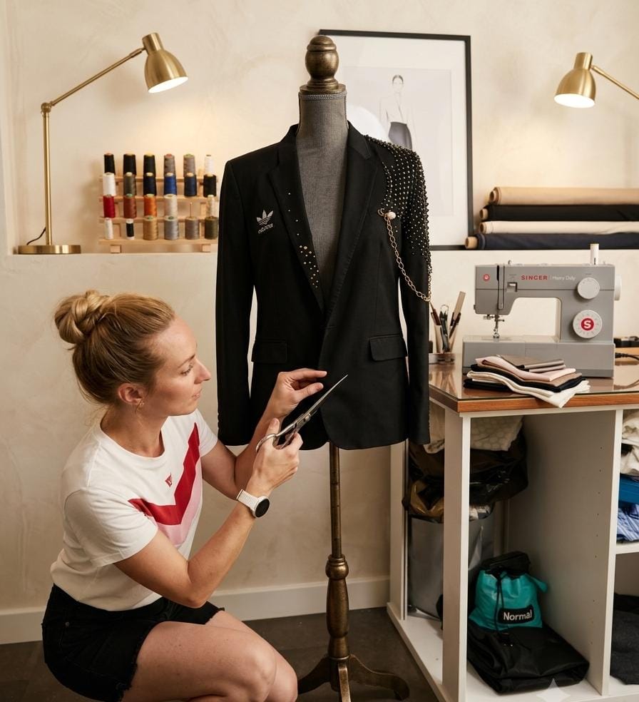 Elizaveta trabajando en la transformación de una chaqueta en su taller de Alzira